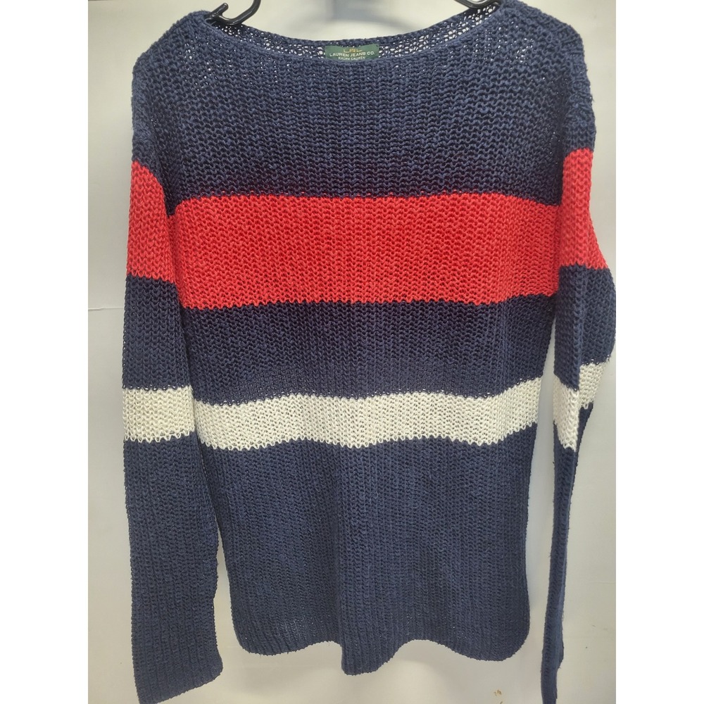 LRL Ralph Lauren Striped Knit Sweater Navy Red White Linen Cotton Blend M‎